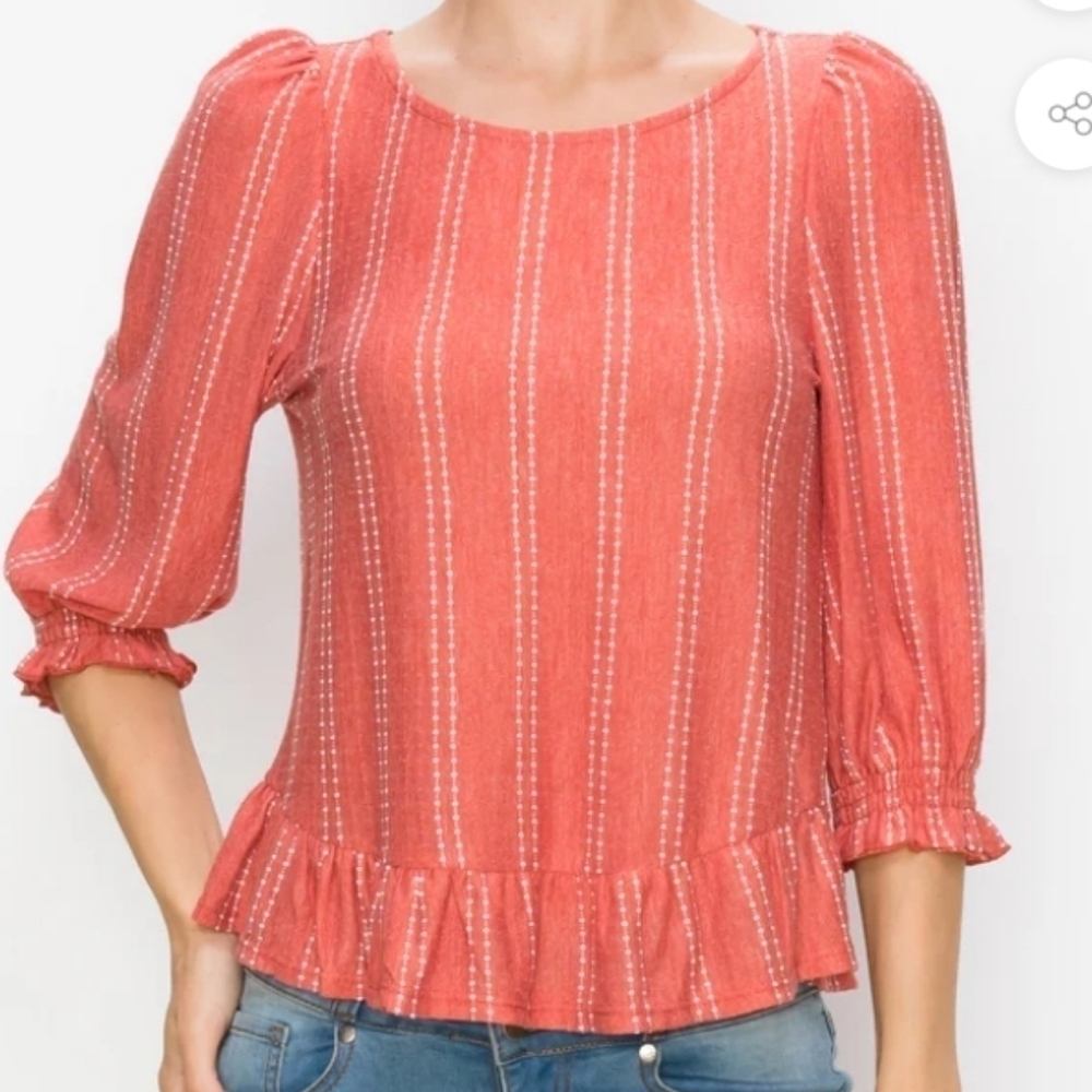 Anthropologie W5 Coral and White Dot Stripe Quarter Sleeve Babydoll Blouse Large